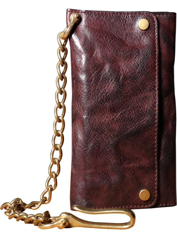 

trend vintage genuine leather men's long wallet designer handmade real cow leather copper chain three-fold phone clutch bag