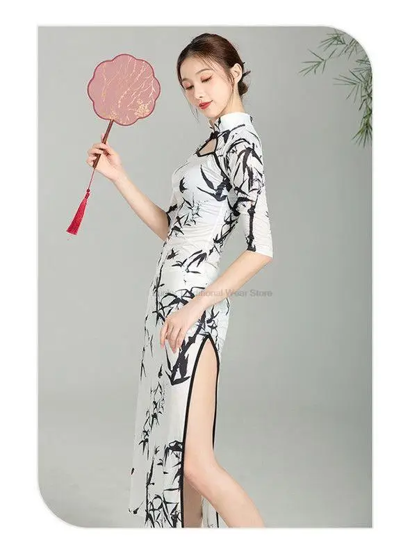 

Chinese Classical Dance Modified Cheongsam Vintage Style Practice Performance Uniform Quartered Sleeves Dress Split Qipao Dress