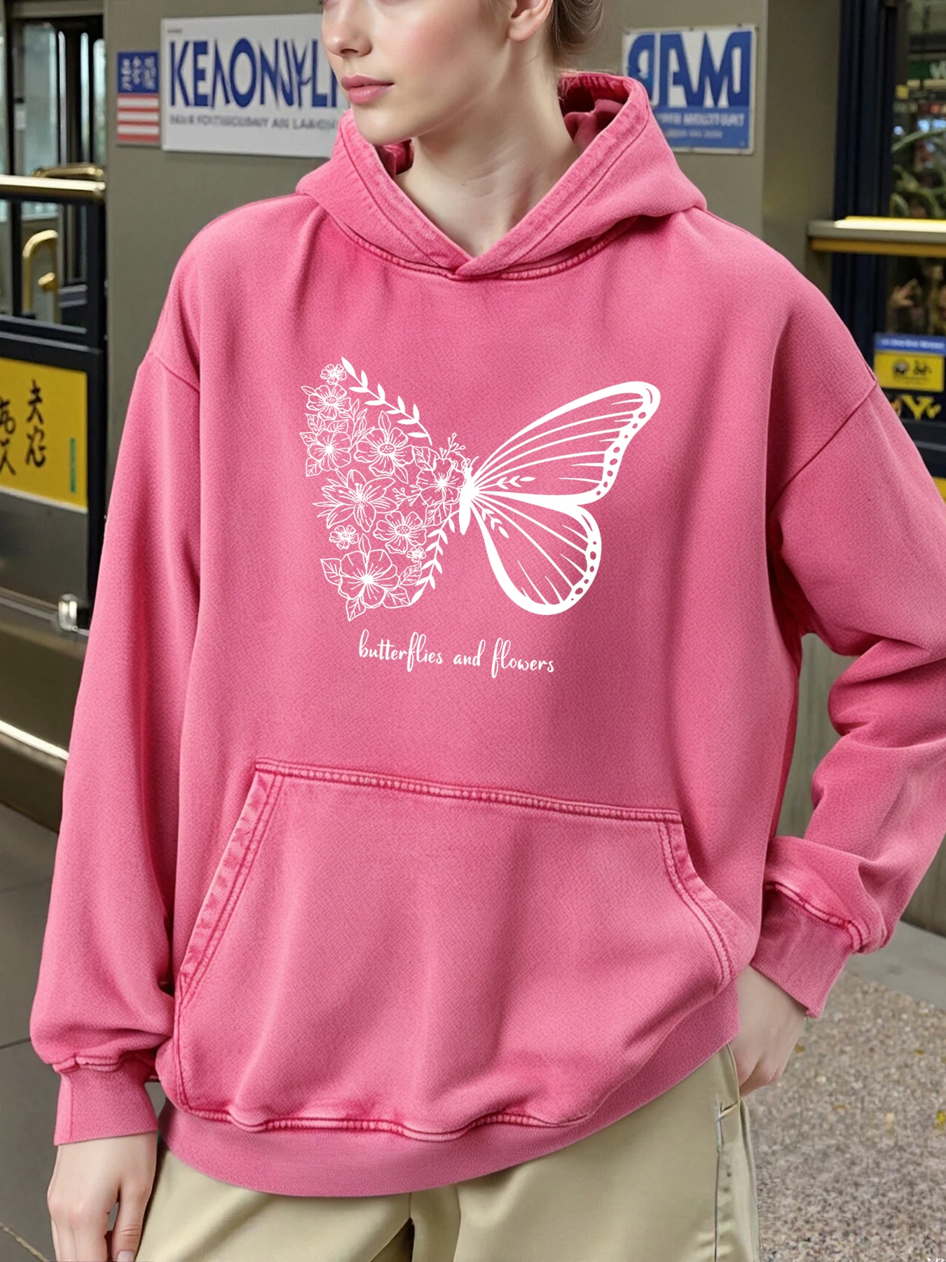 Creative Butterflies And Flowers Design Woman Washed Hoodies Cotton Autumn Winter Streetwear Loose Casual Hoodie Pocket Hoody