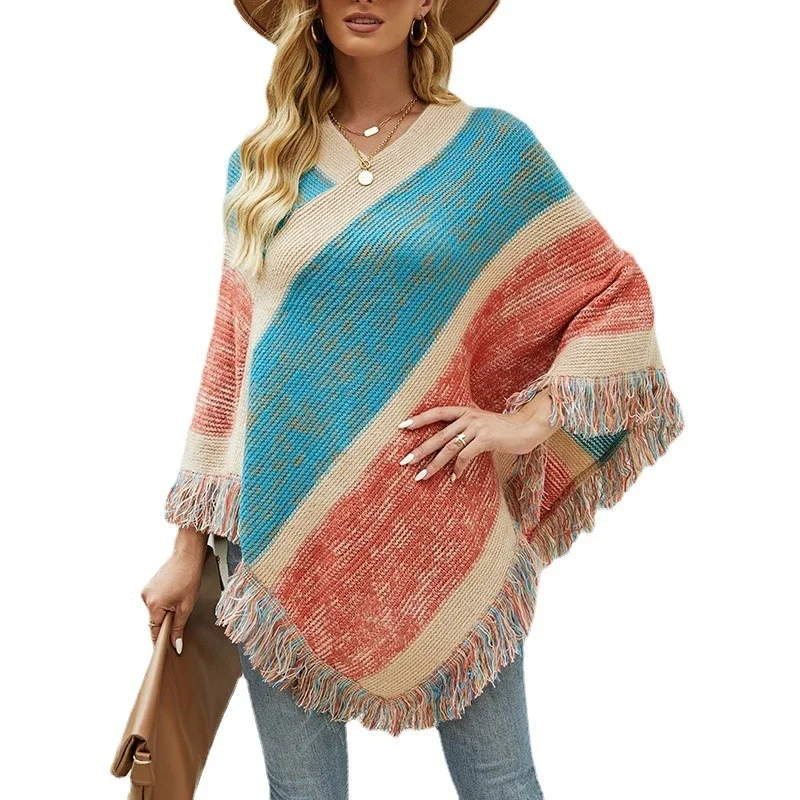 5 Colors Autumn Warm Striped Knitted Sweater Triangle Tassel V Neck Shawl Pullover Women Capes Loose Striped Poncho Knitwear