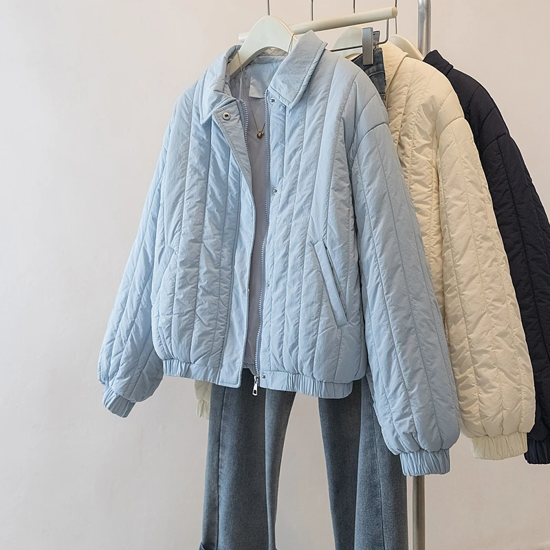 الخريف الشتاء خمر فضفاضة القطن وسادة مبطنة سترات المرأة الحلو جيب الصلبة معطف طويل الأكمام ملابس خارجية دافئة #2