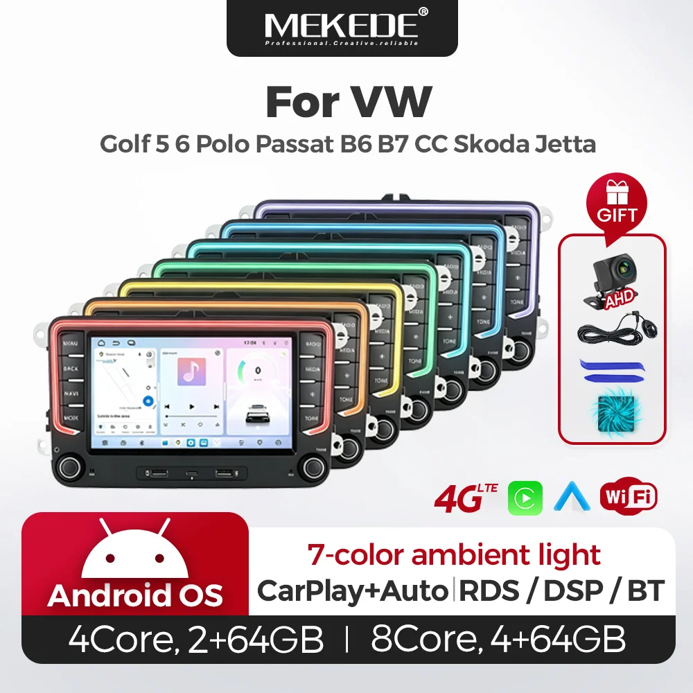 Autoradio Android 15 7 pouces MEKEDE EU Warehouse pour VW Volkswagen Skoda Octavia Golf 5 6 Touran Passat B6 Polo Jetta avec Apple CarPlay et Android Auto sans fil, éclairage ambiant RGB 7 couleurs, 4G LTE WiFi RDS DSP BT double USB et port Type-C