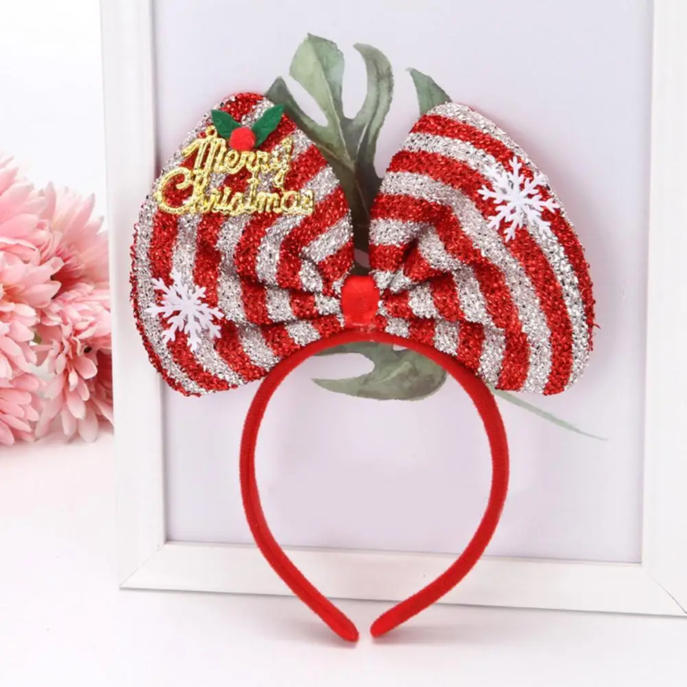 Diadema de lentejuelas brillantes con letras de lentejuelas navideñas, decoración de Bowknot, diadema festiva de copo de nieve a rayas, Aro para el cabello para feliz