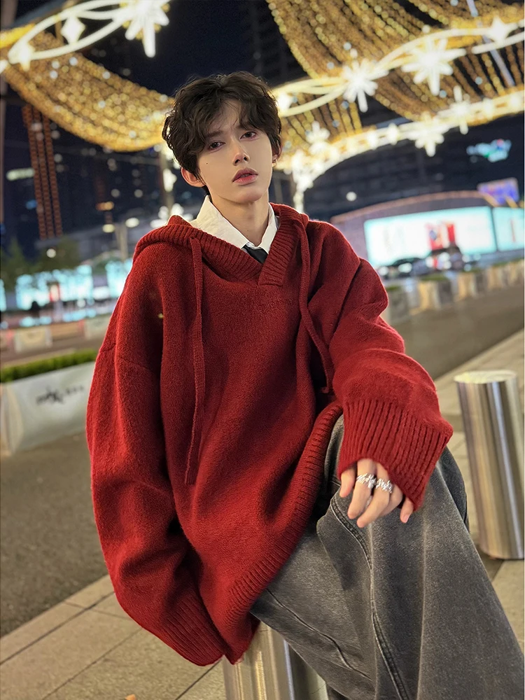 

Red Knitted Hoodie Men's Winter Faion Lazy Sle V-Ne Loose Fit Sweatirt Soft Comfortable Material Casual Wear