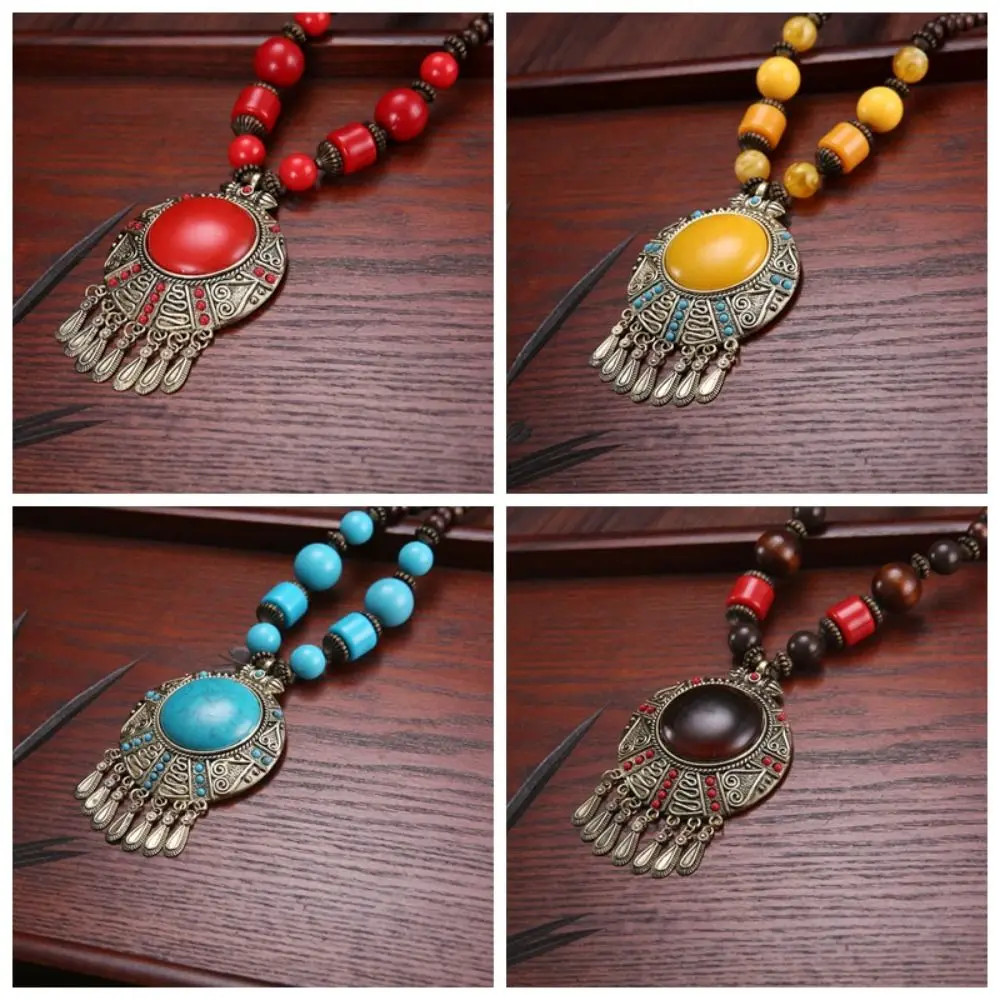 Fashion Vintage Red Stone Leaf Tassel Necklace Hollow Ethnic Tibetan Jewelry Water Droplets Long Chain Bohemia Tiara Gifts