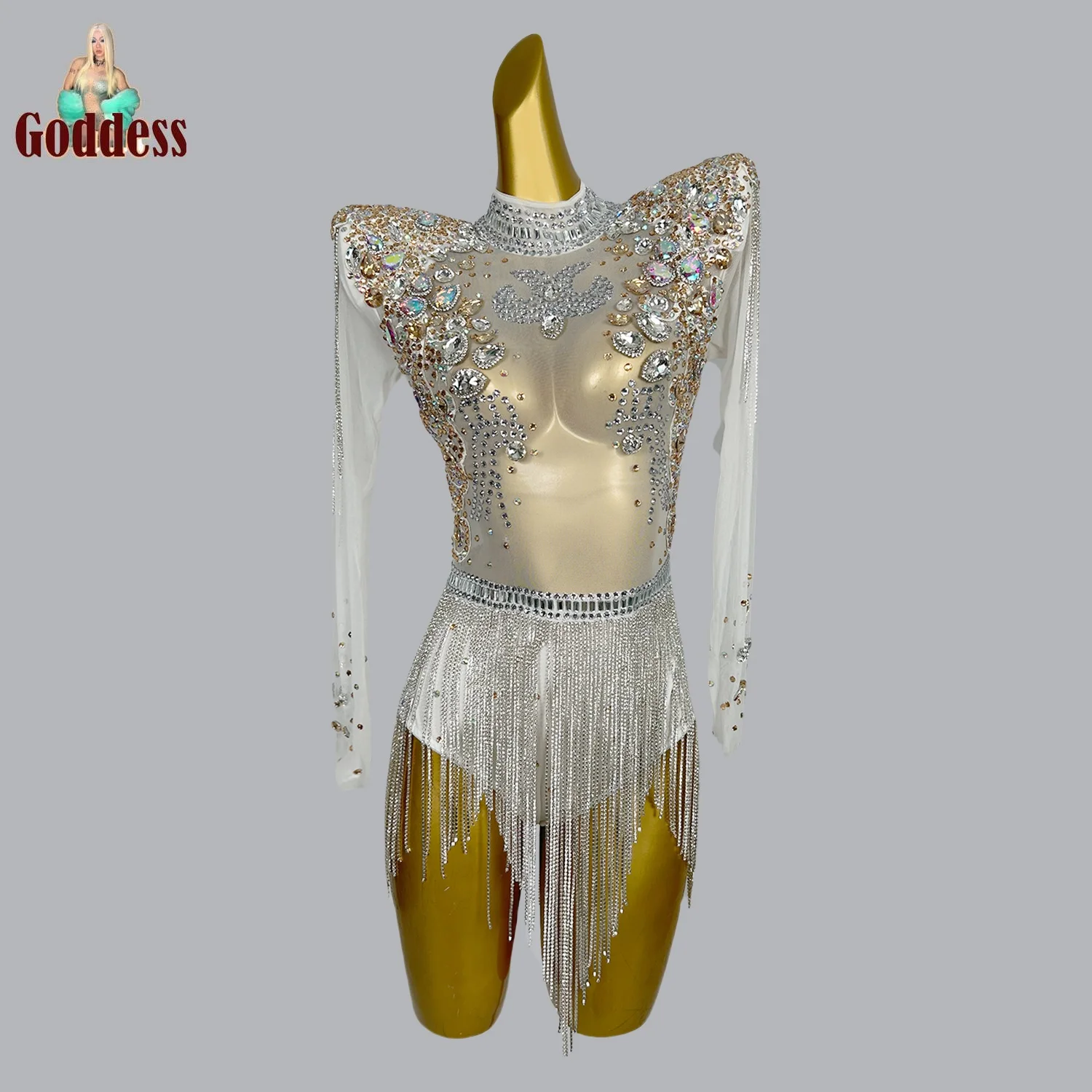 

Sparkly Rhinestones Fringe Chains Leotard Women Birthday Party Outfit Nightclub Sexy Dance Bodysuit Show Stage Performance Wear