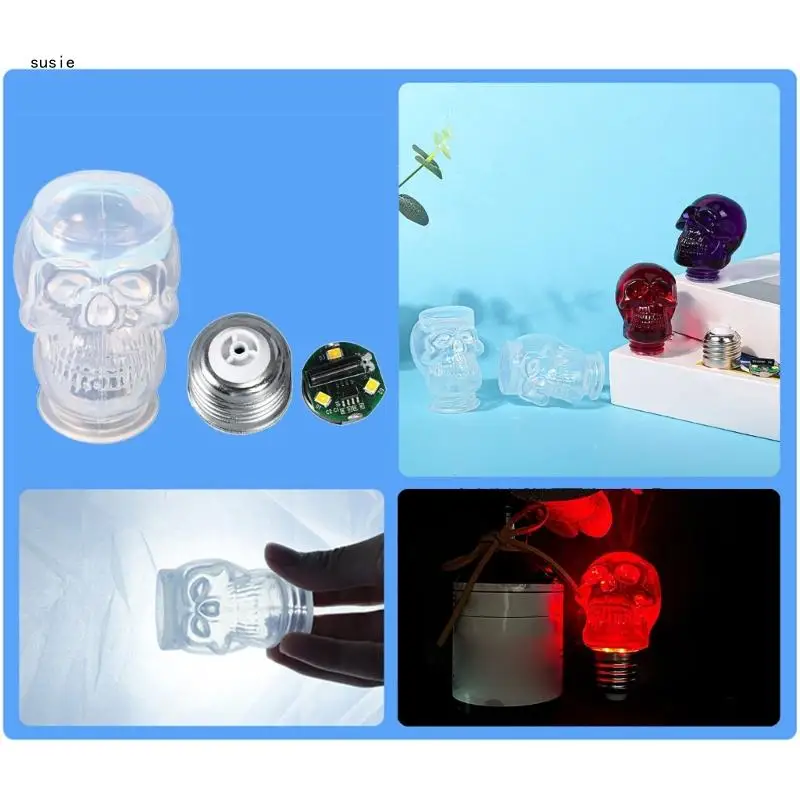 

X7YA Silicone Mold DIY Skull for Head Light Bulb Lamp Base Wick Crystal Epoxy Resin M