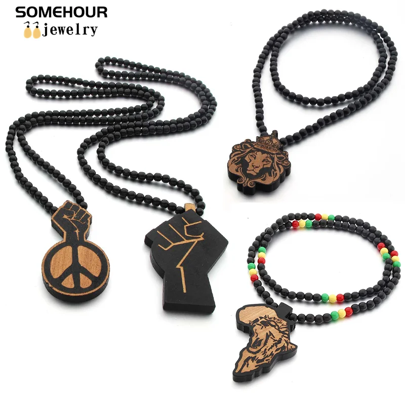 SOMEHOUR King Lion Africa Map Pendant Necklace String Wood Beads Chains Peace Symbol Power Fist Hiphop Jewelry For Women Men