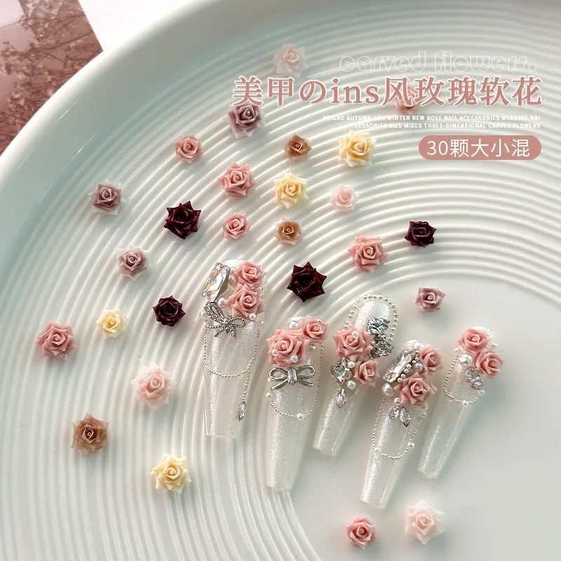 30PCS Mix Sizes Beautiful Colorful Thorny Rose Flowers Resin Nail Art Rhinestones Decorations Manicure Ornaments Accessories