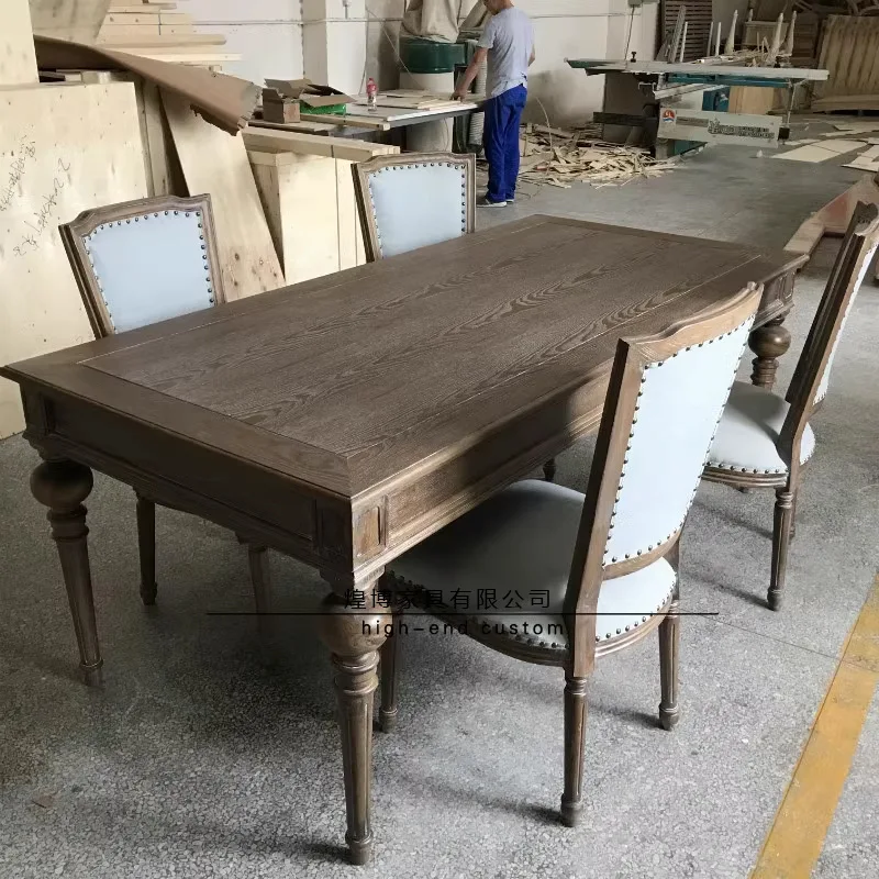 

French style vintage weathered gray dining table and chair combination restaurant solid wood furniture simple American