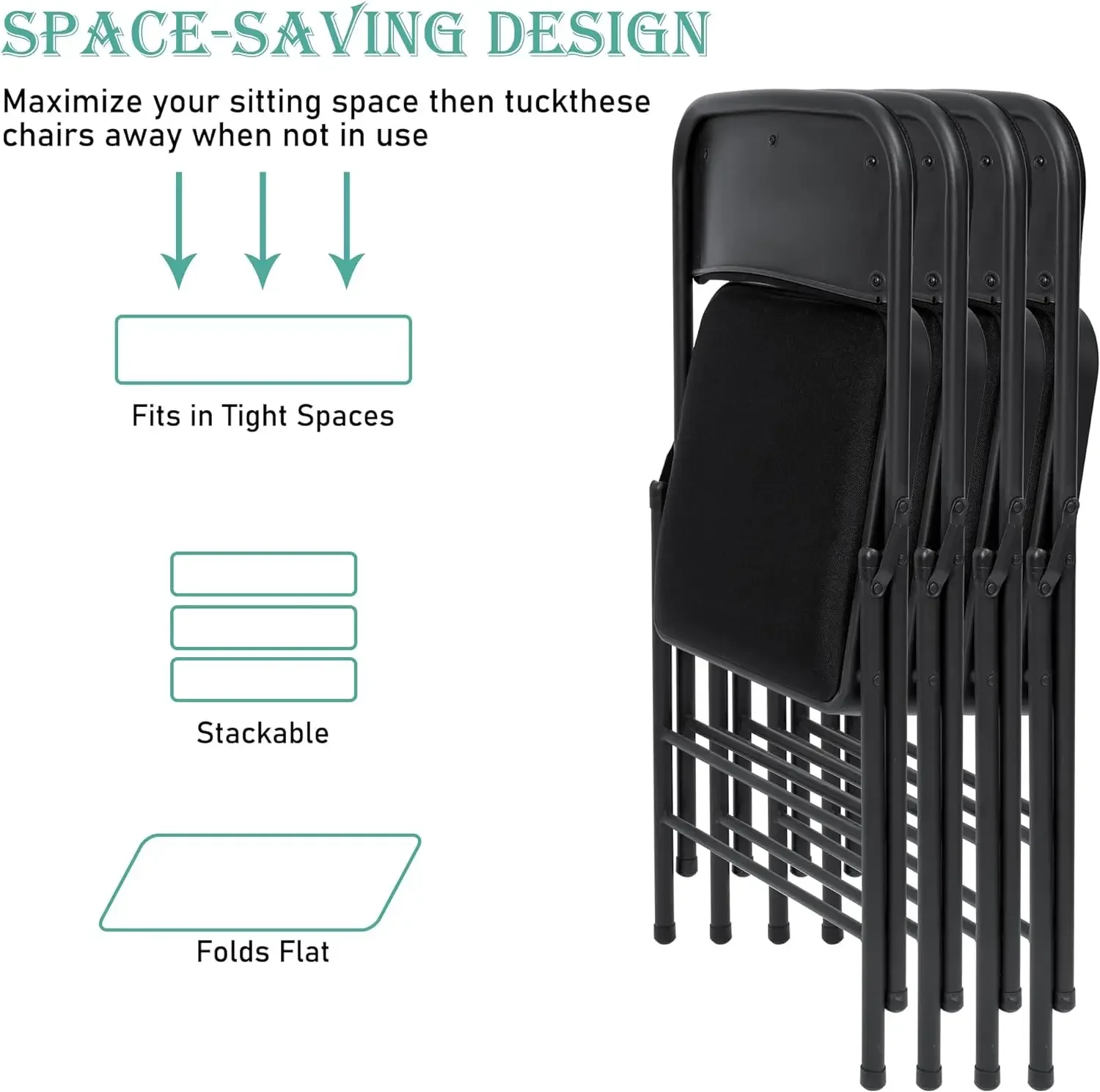 Preto cadeiras dobráveis com tecido acolchoado almofada, portátil Dining Chair Set, interior e exterior cadeira empilhável