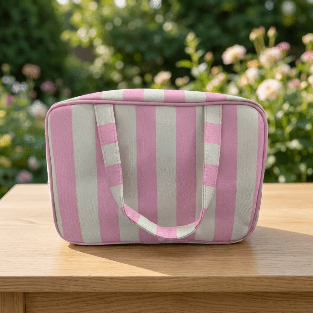 Large Capacity Striped Toiletry Storage Bag Collapsible Multi Compartment Travel Makeup Bag Portable Durable Cosmetic Pouch