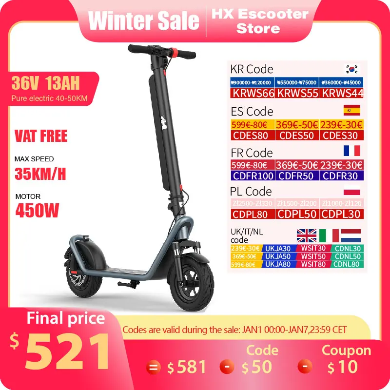 HX X11 Adult Electric Scooter Foldable 450W 13AH 36V 35km/h Electric Kick Scooter 10.0 inch Self-Balance E Scooter