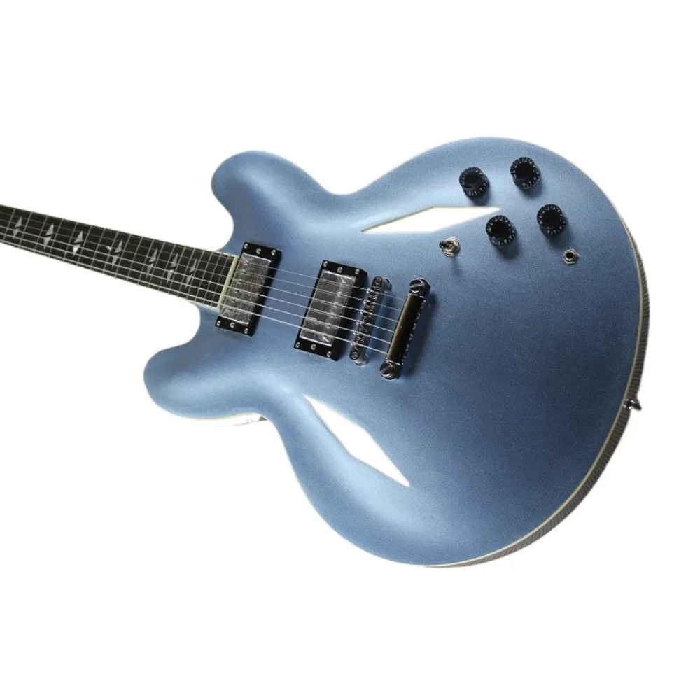 Flyoung Dg335 Slim Semi-Hollow Jazz E-Gitarre, Hellmetallic-Blau / Schwarz mit passendem Leder-Gigbag