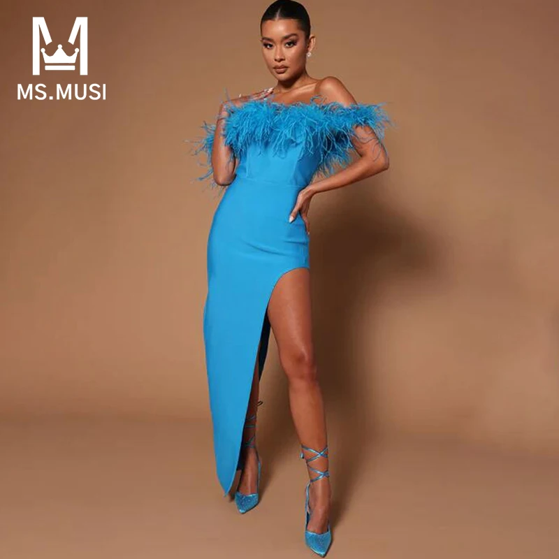 

MSMUSI 2024 New Fashion Women Sexy Off The Shoulder Feather Sleeveless Bandage Bodycon Party Club Slit Event Maxi Dress Vestidos