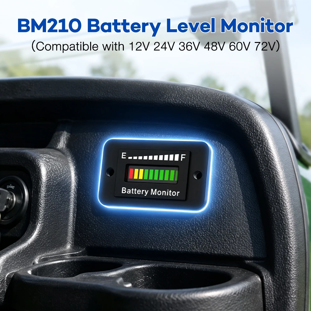 BM210 Car LED Battery Meter 12V 24V 36V 48V 60V 72V Waterproof Lithium Acid Battery Level Monitor for Car SUV Pickup Trucks Boats Golf Carts RVs Etc