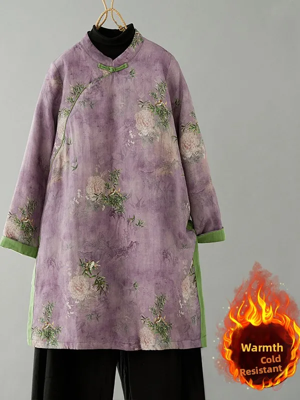 

New Chinese Style Zen Cotton Linen Print Stand Collar Mid-Length Slit Women's Cotton Jacket Winter Fashion Commute Thickened