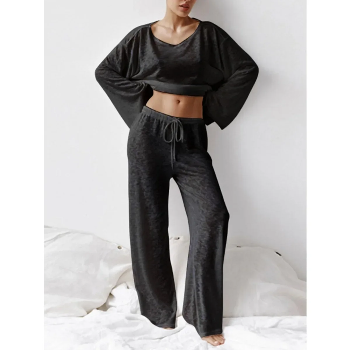 Women Solid Color Casual 2 Piece Set Short Round Neck Long Sleeve Top High Waist Straight Wide Leg Pant Relaxed Fit Chic New