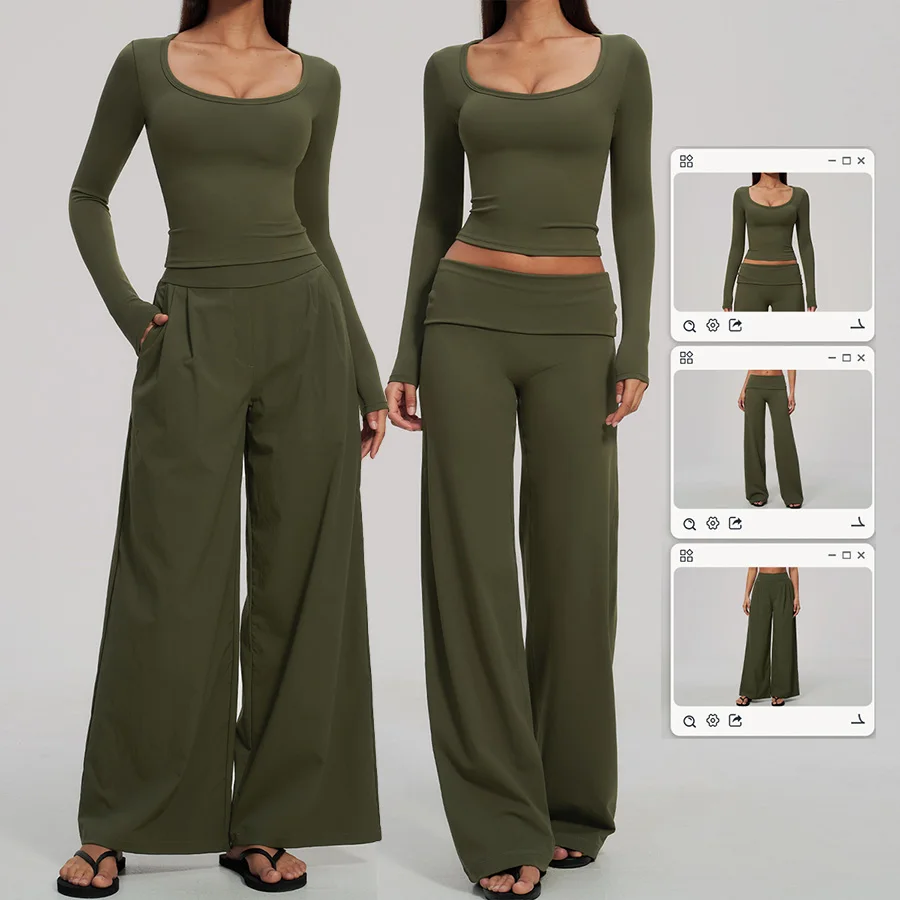 2-teiliges Yoga-Set für Damen, Langarm-Fitness-Oberteil, Trainingsanzug, Sportbekleidung, High-Waist-Hose mit geradem Bein, Fitness-Sportanzug – Detail 1