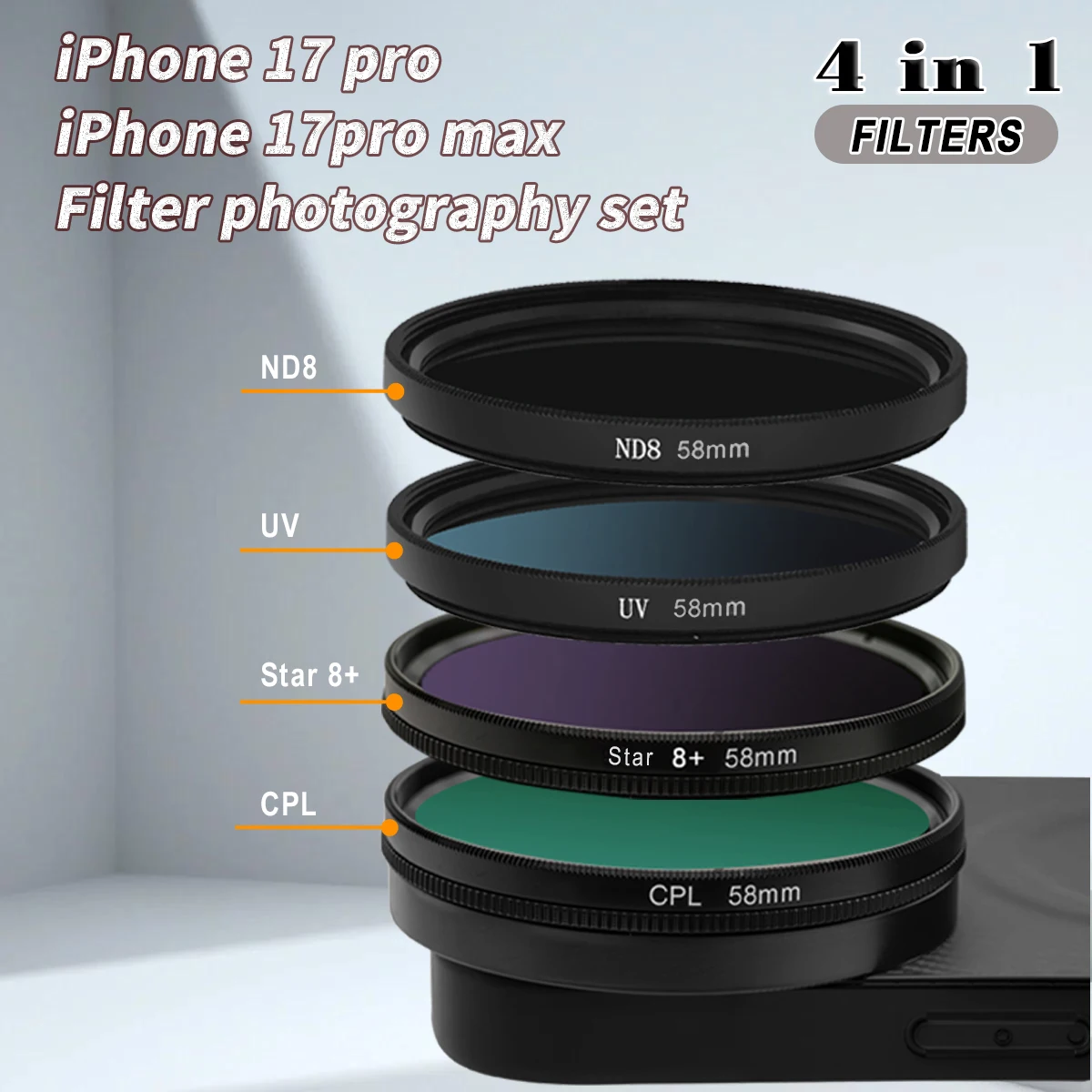 

4 in 1 Professional 58mm Filter Lens Kit CPL ND UV Starling Sheepskin Leather Phone Case Cover Set for iPhone 17 Pro Max 17 Pro
