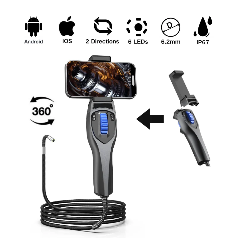 New 6.2mm 360° Two-Way Articulating Endoscope Camera 720P Car Inspection Engine Inspect For Android/iPhone Industrial Borescope