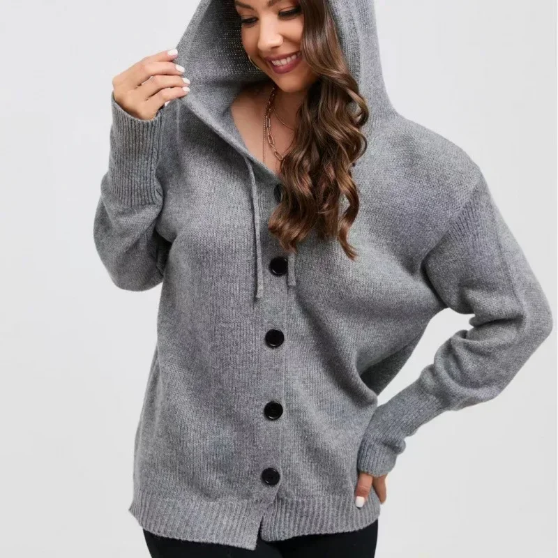 Women's Hooded Single-breasted Knitted Cardigan Jacket Solid Color Sweater 2024 Autumn/winter New Style Pullover