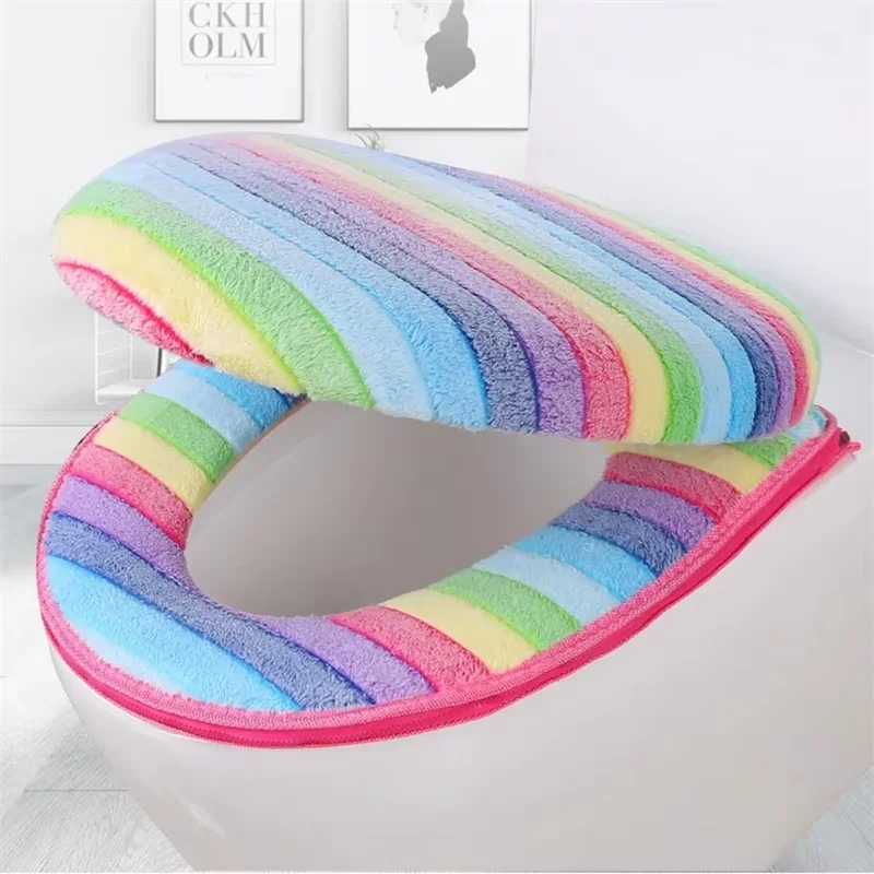 2 Pcs/set Toilet Seat Cushion Set Cover Universal Cushion For All Seasons Winter Simple Style Zipper Thick Plush Toilet Seat Pad