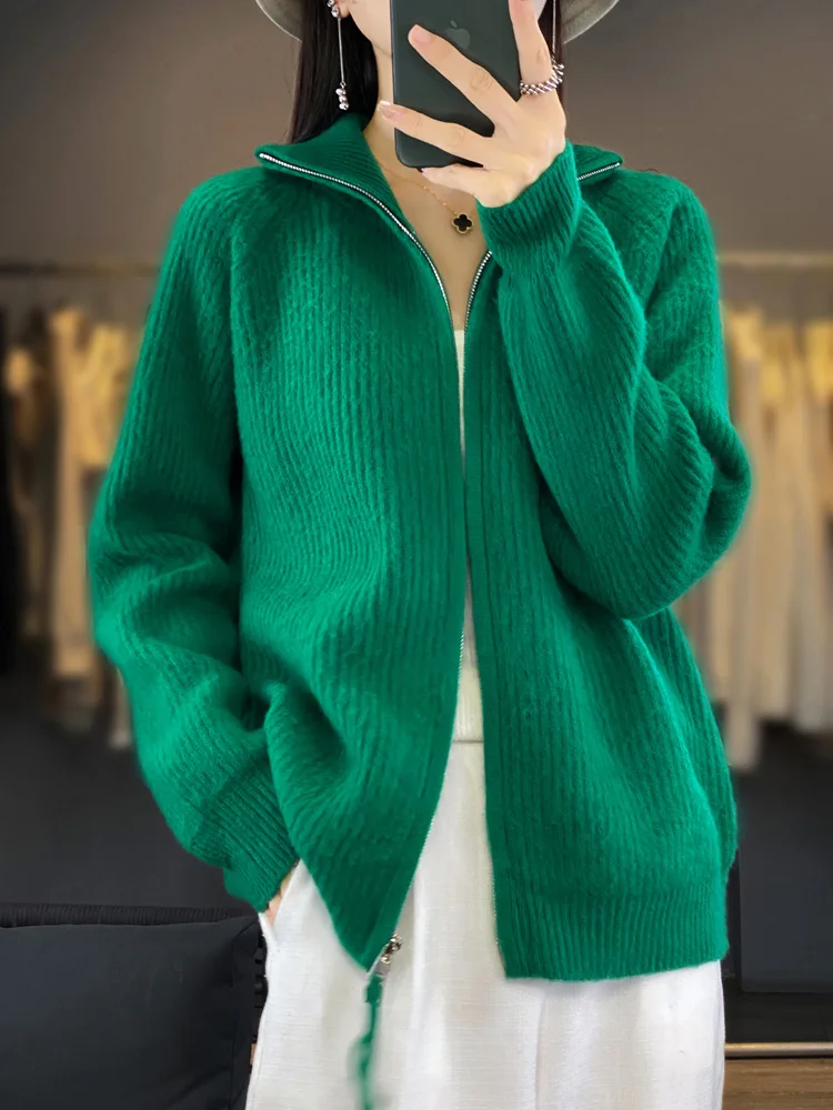 2024 Women Knitted Zipper Cardigan Turn-Down Collar 100% Pure Wool Tops Fashion Outwear Coat Sweater New Spring Autumn Winter