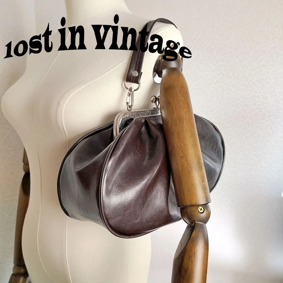 LOST IN VINTAGE Artficial Leather Ball Bronze Sliver Frame Kiss-lock Dark Brown Large Purse Evening Clutch Puffy Bags 35x20x12cm