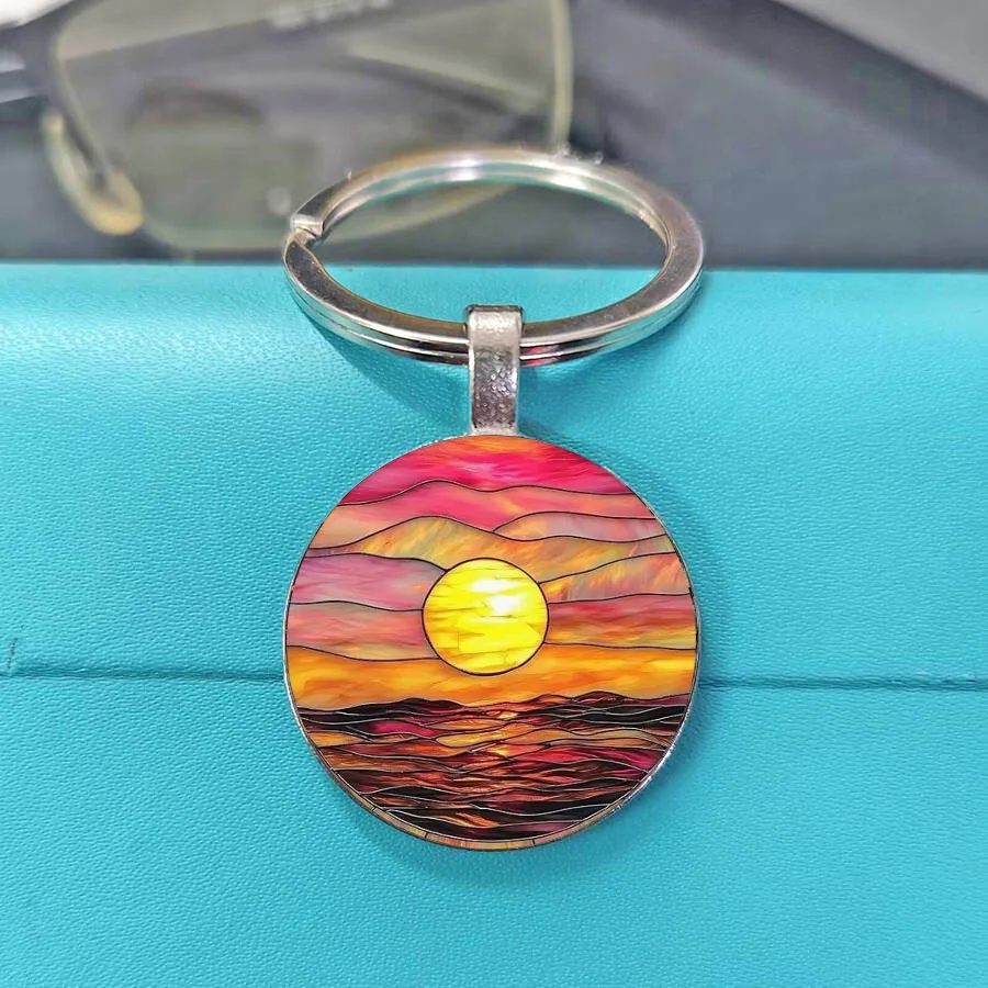 Outdoor Wilderness Stained Glass Keychain Mountain Sunset Beach Palm Forest Lake Canoe Nature Metal Key Accessory ﻿
