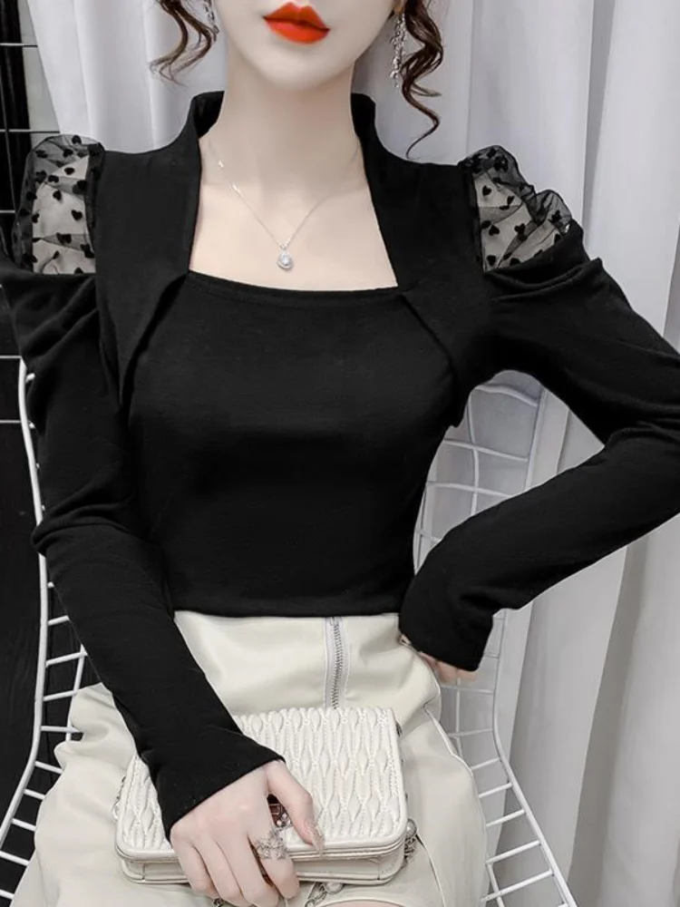 Elegant Women's T-shirt Square Collar Lace Patchwork Spring Autumn Style Fashion Design Breathable Comfortable Korean Version