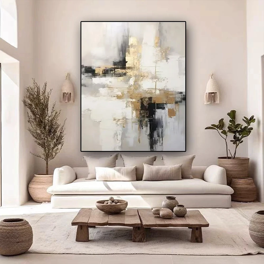 

100% Handmade Thick Texture Golden And Blue Abstract Wall Art Modern Oil Painting On Canvas For Office And Home Decor Poster