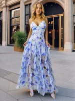 Summer New 2025 Women Sexy V Neck Backless Flower Chiffon Maxi Gowns Dress Split Celebrity Cut Out Beach Maxi Dress