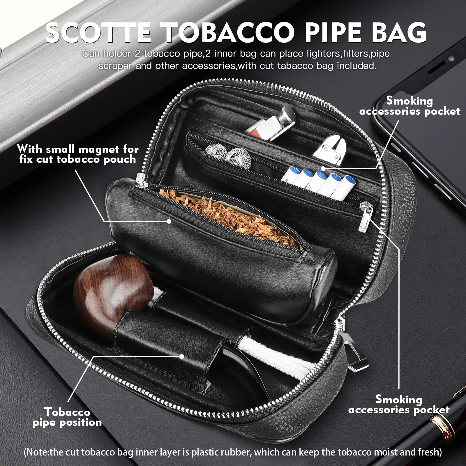 Leather Tobacco Pipe Bag Portable Multifunction Pu Leather Tobacco Smoking Pipe Case Smoking Tool Wood Tobacco pipe bag kit