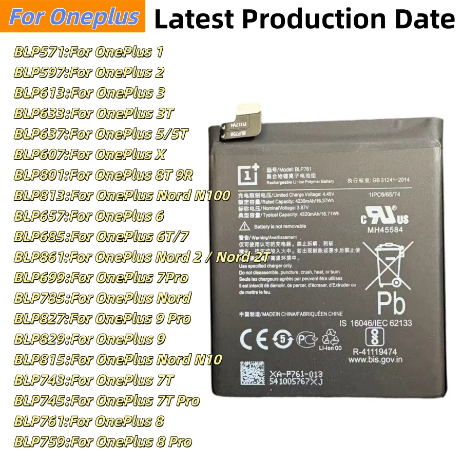 Original Battery For Oneplus one 1+ For OnePlus 1 2 3 1+3 One Plus Nord 2 N10 X 3 3T 5 5T 6 6T 7 7T 8 8T 9 9R Pro Plus Batteries
