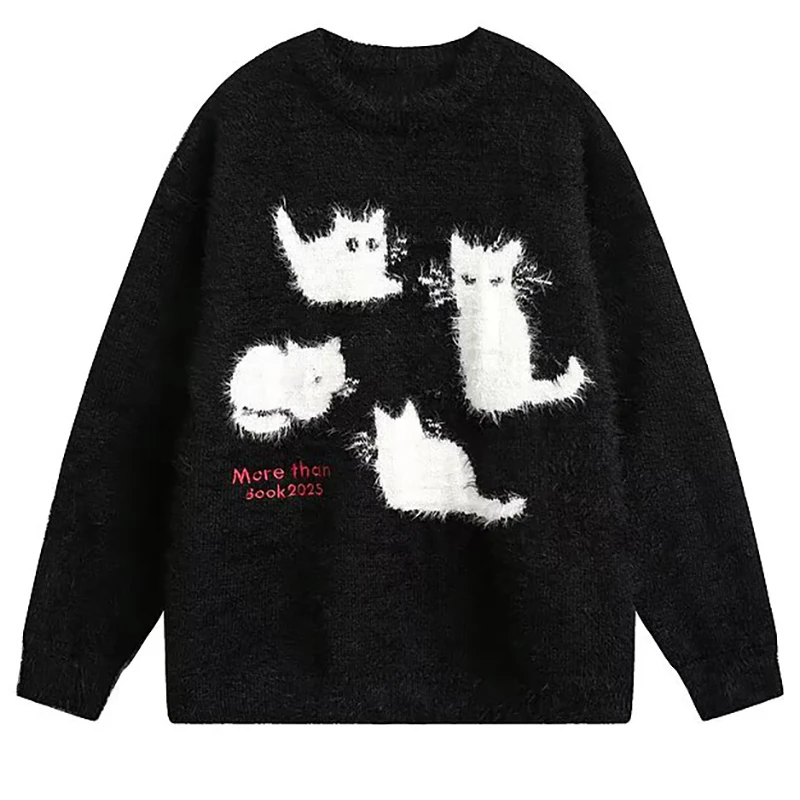 

Свитер большого размера с рисунком кота, мужские осенне-зимние жаккардовые пуловеры, уличная одежда в стиле Харадзюку, повседневный свободный трикотаж, джемпер Y2K, свитера