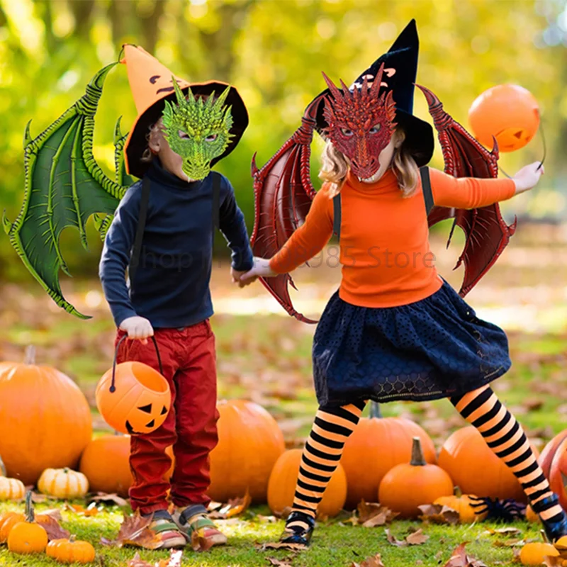 ชุดคอสตูมมังกรเด็กชายเด็กหญิง สีแดงน้ำเงิน ปีกมังกรปีศาจ หางปีศาจ หน้ากากไดโนเสาร์ ชุดคอสตูมสำหรับเด็ก ฮาโลวีน คอสเพลย์ อุปกรณ์ประกอบฉาก