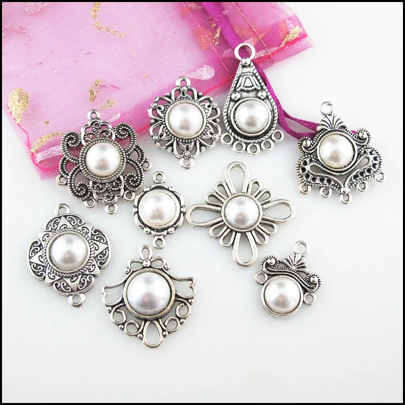 Fashion New Flower Cross Knot Crown Teardrop Charms White Plastic Pendants Connectors Tibetan Silver Plated