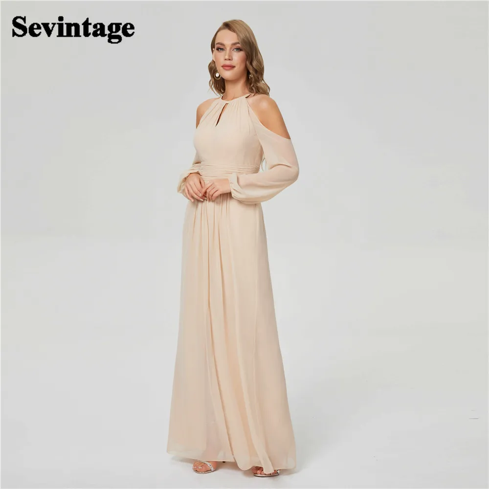 

Sevintage Elegant Ivory Chiffon Evening Dress Halter Off The Shoulder Side Slit Floor Length Special Occasion Prom Gown Simple