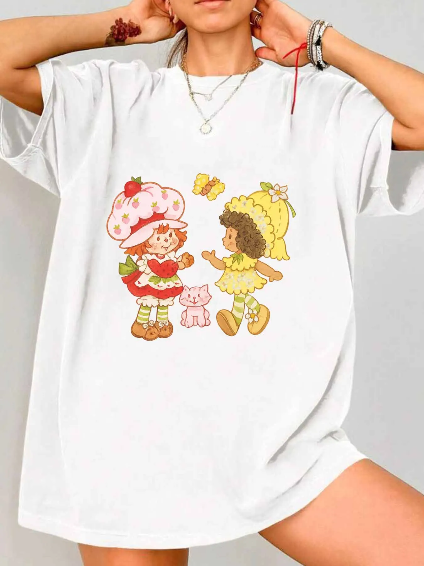 

【018244】Женская футболка больших размеров с круглым вырезом и мультяшным узором, эластичная футболка с короткими рукавами и трендовым принтом