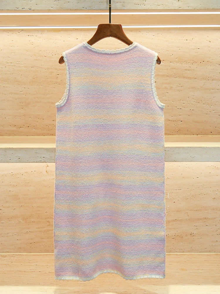 

High-End Women's Knitted Rainbow Stripes Vest Dr South Oil Spring Autumn Small Fraance Sle A-Line ort Skirt Dr
