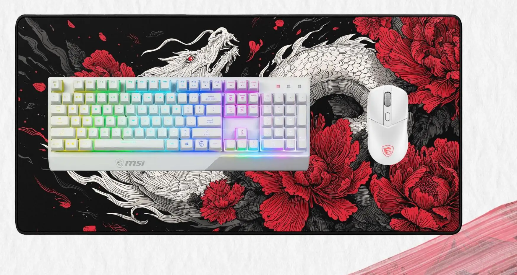 White Dragon Mousepad Japanese Mythical Serpent with Red Peonies, Large Desk Mat Gaming Mouse Pad Laptop Gamer Office Gaming Mat