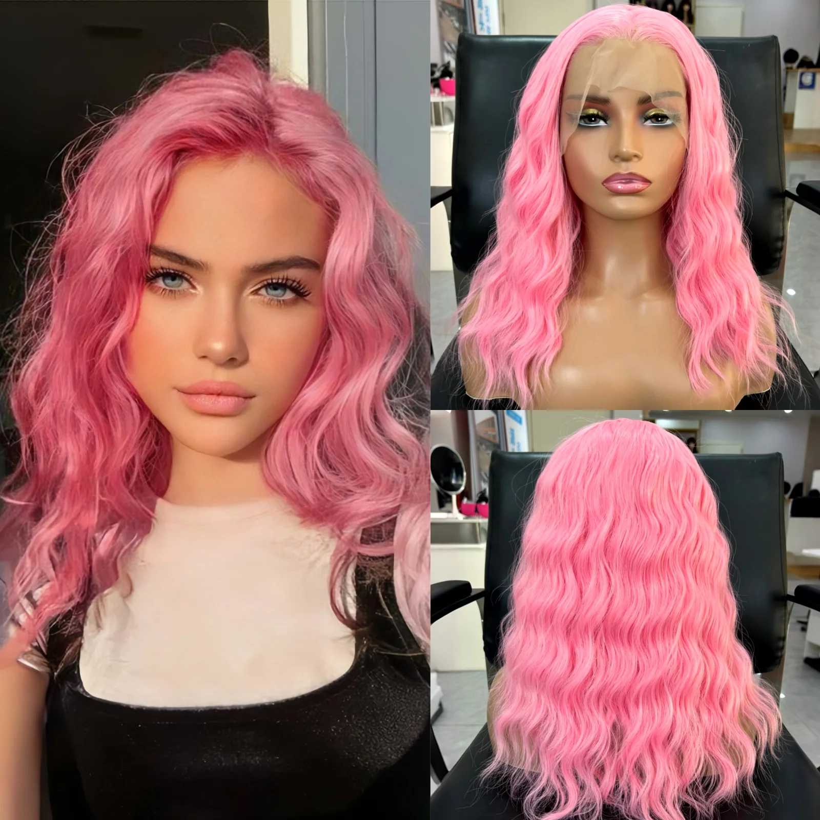 Short Curly Wavy Pastel Pink Wigs for Women Synthetic Free Part Shoulder Length Pink Bob 13X4 Lace Front Wigs for Women Party