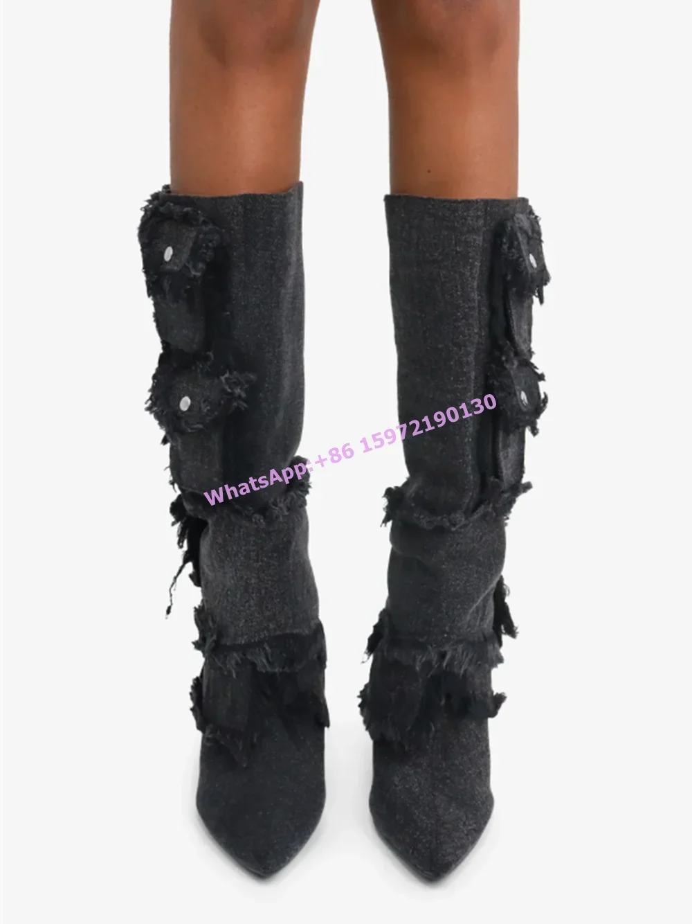 Distress Black Pocket Long Boots Metal Heels Pointy Toe Solid Winter Shoes Sexy Cool Fashion Ladies Button Chic Knee High Boots