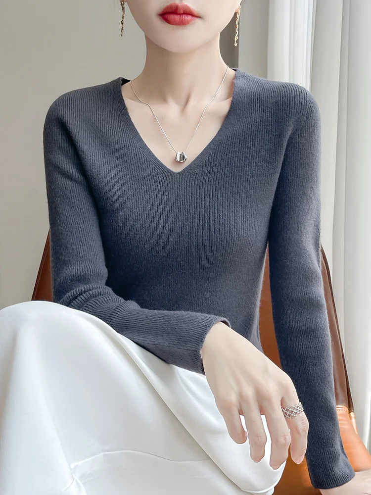 

Женский трикотаж Slim Fit Long Sve V-Ne с низким воротником, повседневный, мягкая ткань, повседневная одежда, цветной базовый слой irt