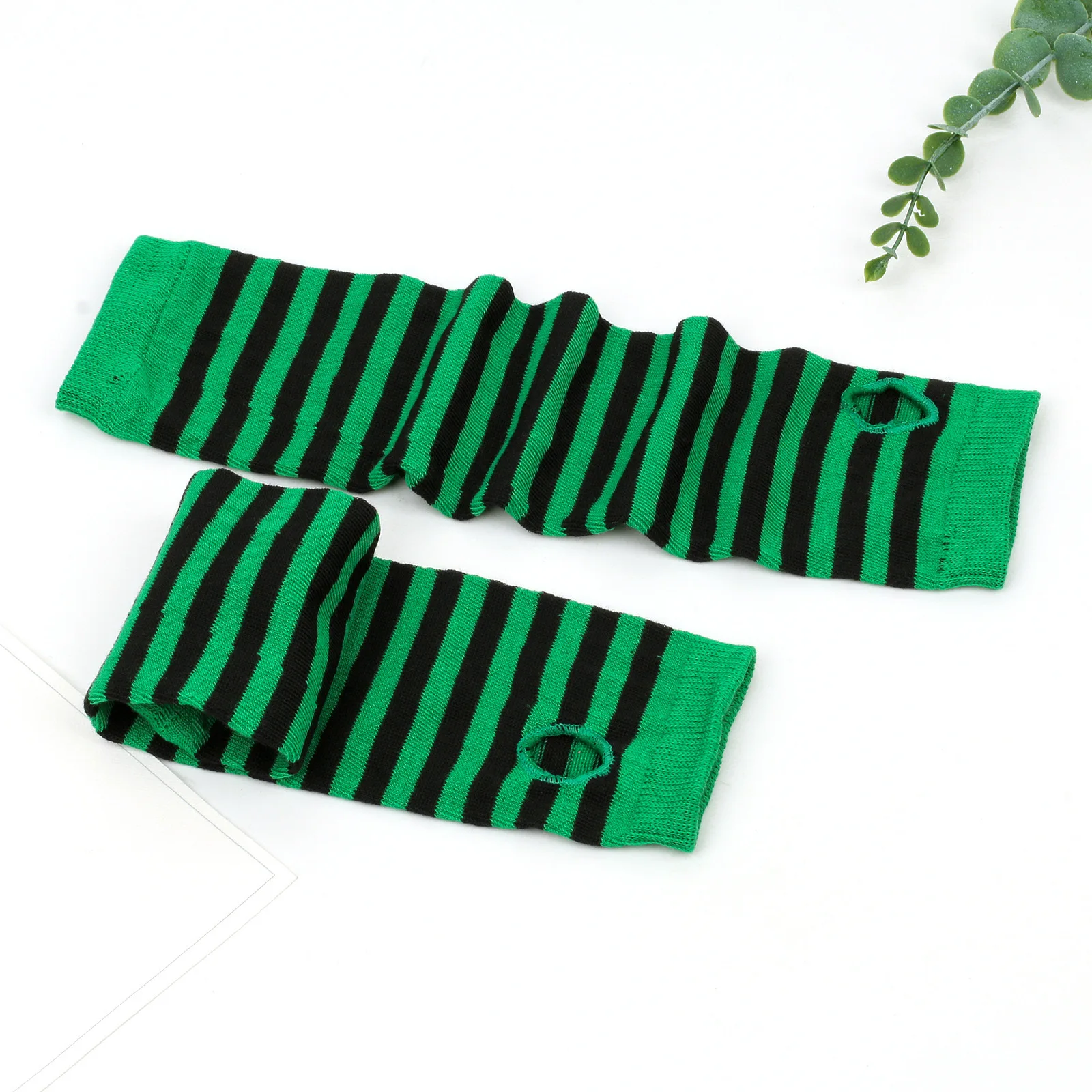 Irish Festival Green Stripe Long Gloves Open Toe Women\'s Long Wrist Set Elbow Set Patrick Clover Arm Set