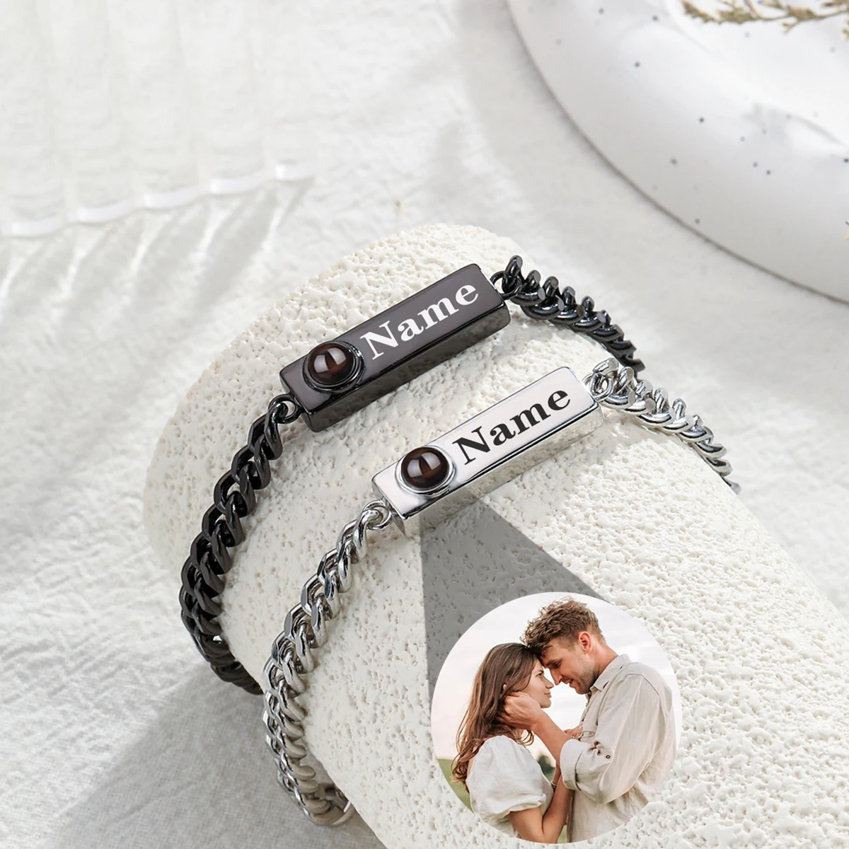 Custom Photo Projection Bracelet Stainless Steel Custom Name Cuban Chain Projection Bracelet Jewelry  Valentines Couple Gifts