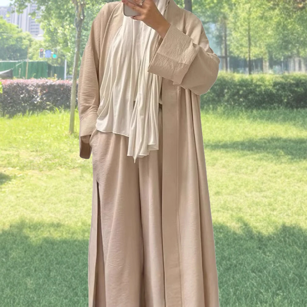 

Eid Muslim Sets Women Cardigan with Pant Two Piece Set Dubai Kaftan Abayas Femme Suit Kimono Jalabiya Kebaya Musulman Ensembles