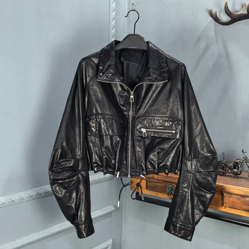 

Spring 2026 Women's Genuine Leather Biker Jaet Loose Fit Flng Suit Sle with kets Faionable Cowhide Coat Zipper Clo...