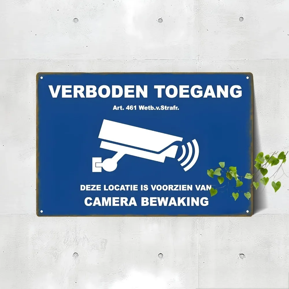 2D Flat Aluminum Sign - No Entry Surveillance Camera Sign, Durable Outdoor Metal Plaque 20.32x30.48 CM with Dutch Text & Graphic